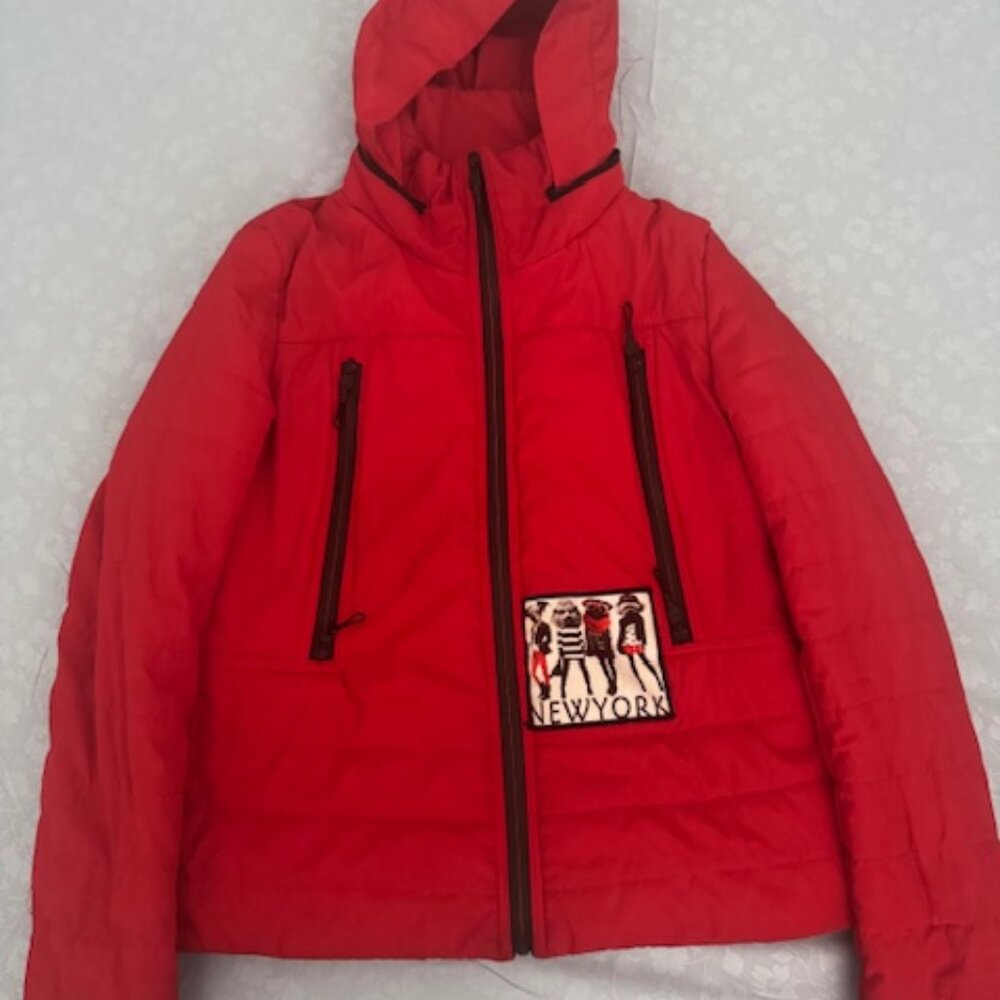 Red  Hooded Jacket with "New York" Fashion Patch, size M